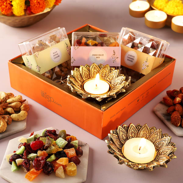 Lotus T-Light Holders And Flavoured Dry Fruits Gift Box