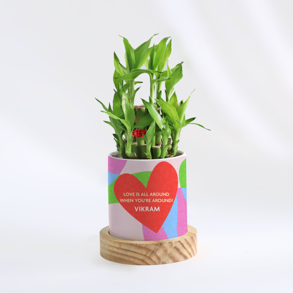 Love Is All Around - Two-Layered Bamboo Plant With Personalized Planter
