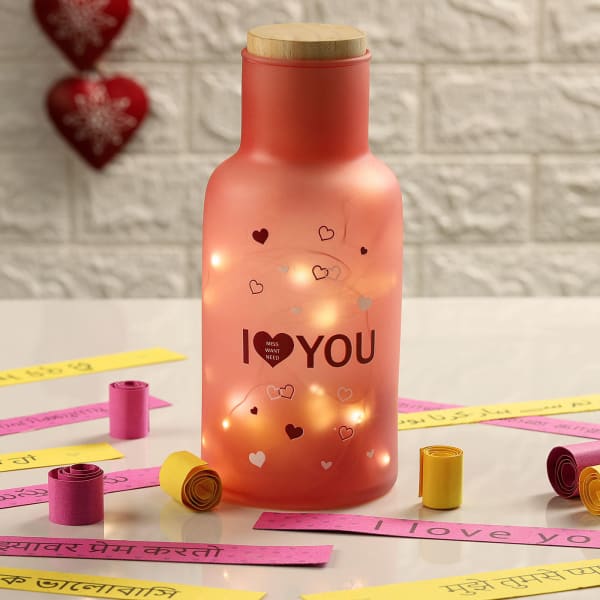 Love Messages In LED Lights Pink Glass Bottle