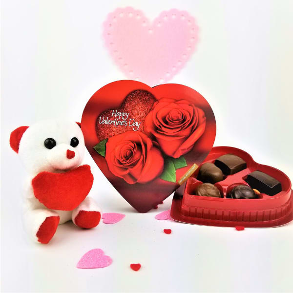Love Teddy with Assorted Chocolates in Heart Shaped Box