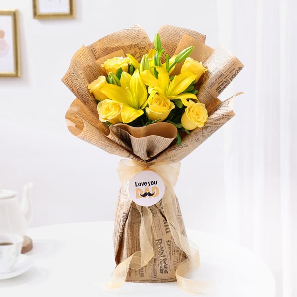 Love You Dad Yellow Rose And Lilly Bouquet