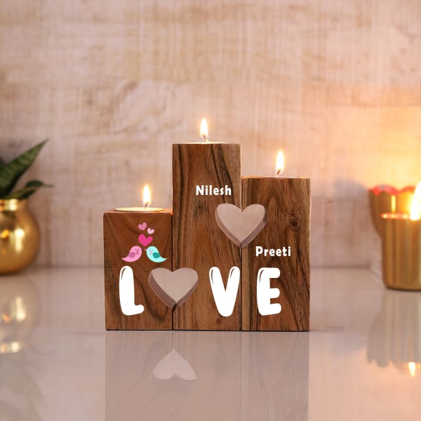 Lovebirds Personalized Wooden T-Light Stand