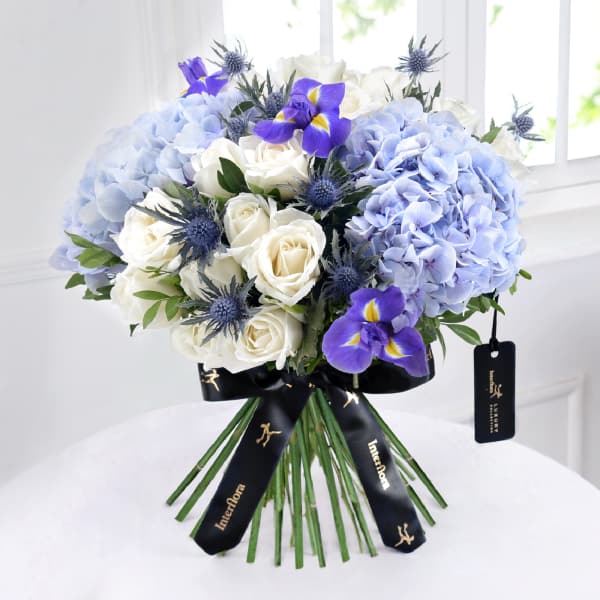 Luxury Blue Hydrangea and Iris Hand-Tied