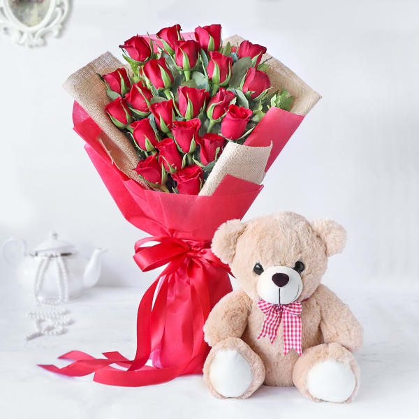 red rose with teddy bear