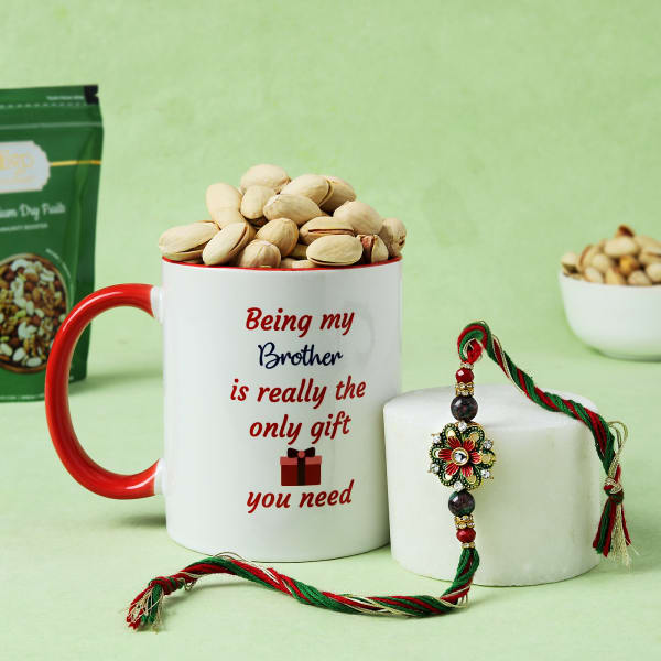 Meena Floral Rakhi With Pistachios And Personalized Mug