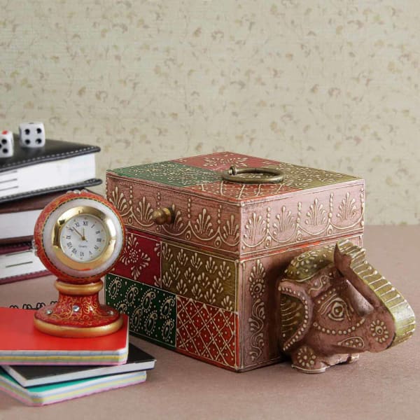Meena & Kundan Work Marble Clock with Elephant Wooden Embossed Painted Box