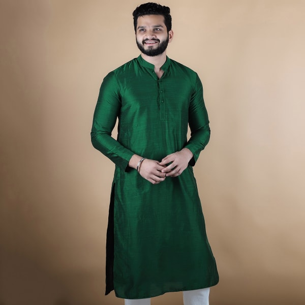 Men's Silk-Cotton Long Woven Kurta (Green)