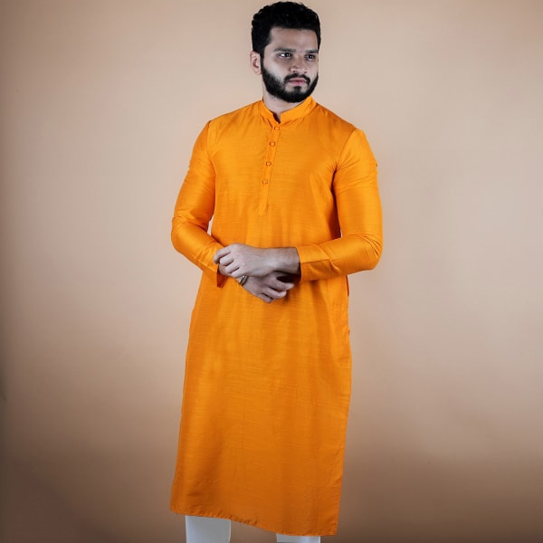 Men's Silk-Cotton Long Woven Kurta (Orange)