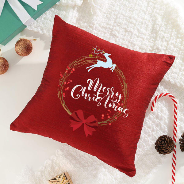 Merry Christmas Maroon Cushion Cover