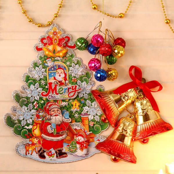 Wallpaper Merry Christmas Wall Card With Wall Hanging Bells And Decoratives For Android Free