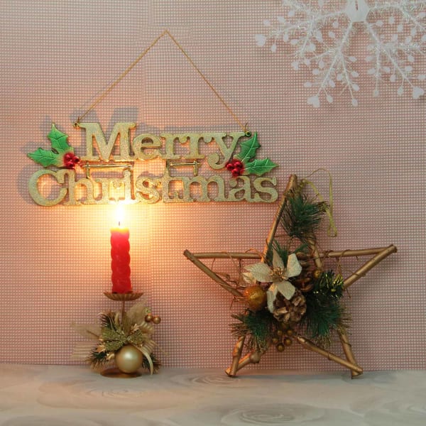 Merry Wall Hanging With Wooden Star Candle Stand Gift Merry Wall Hanging With Wooden Star Candle Stand