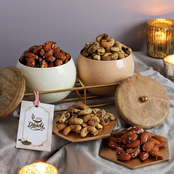 Metal Canisters Tray Diwali Set With Flavoured Dry Fruits