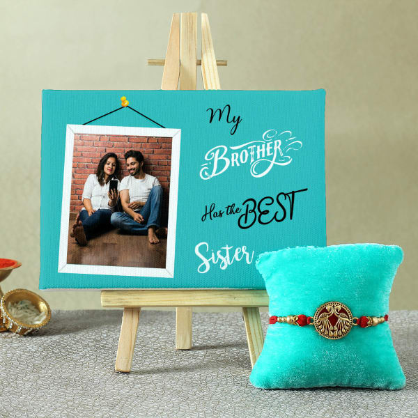 Metal Peacock Rakhi with Best Sister Canvas Table