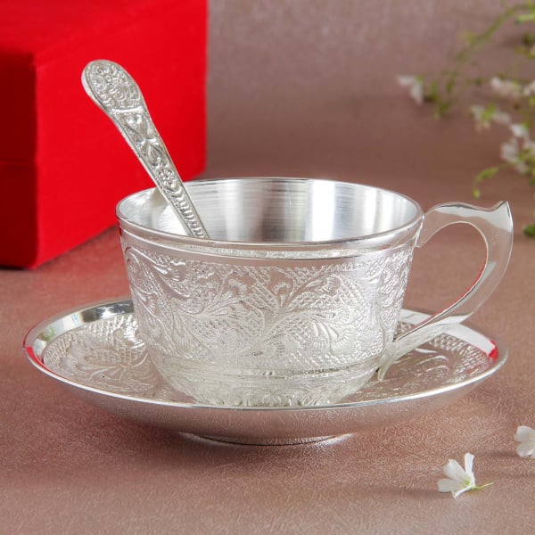 Metal Tea Cup with Saucer and Spoon