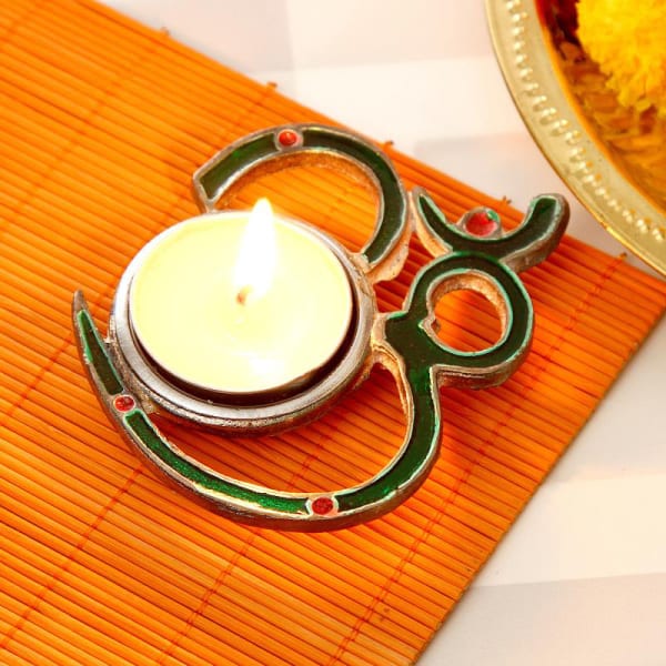 Metallic Om Tea Light Candle Holder 4 inches