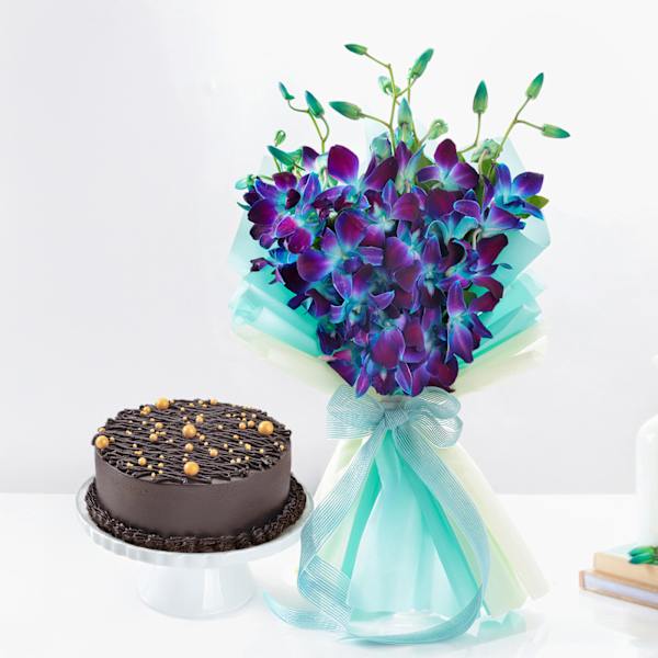 Midnight Truffle Cake And Blue Orchids Bouquet Combo