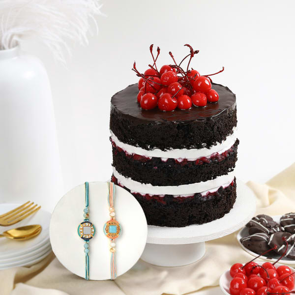 Mirror And Stone Work Rakhi Set Of 2 With Black Forest Cake