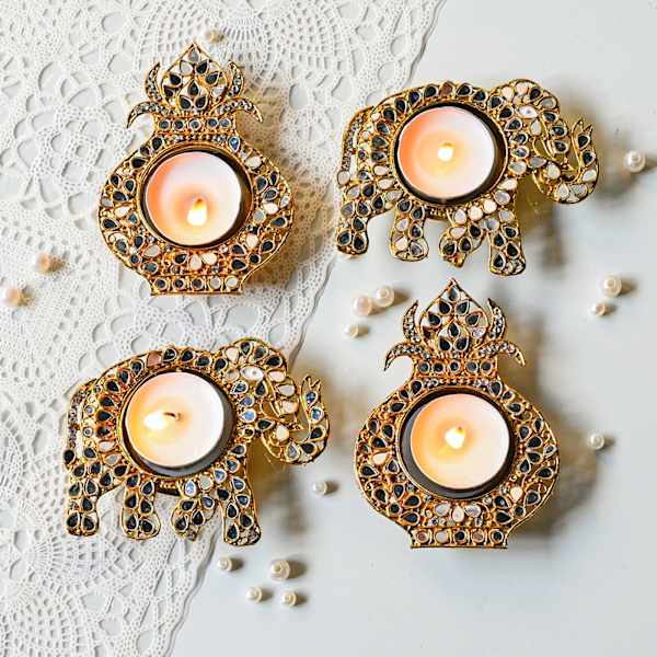 Mirror Embellished Kalash And Gaja Lakshmi Diyas - Set Of 4