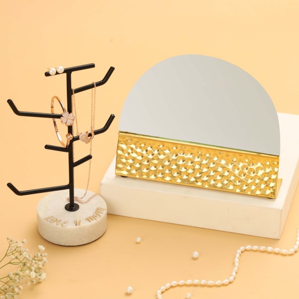 Mirror With Gold Textured Base And Tree Shaped Jewellery Organizer