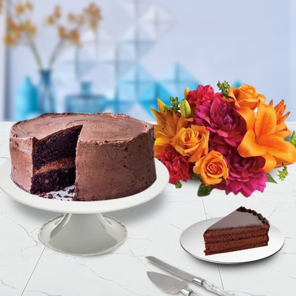 Mixed Flowers and Chocolate Cake