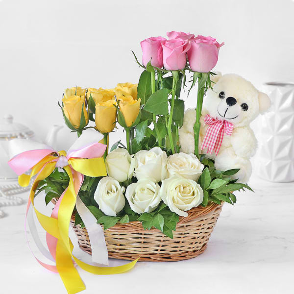 Mixed Roses in Basket Arrangement with Mini Teddy