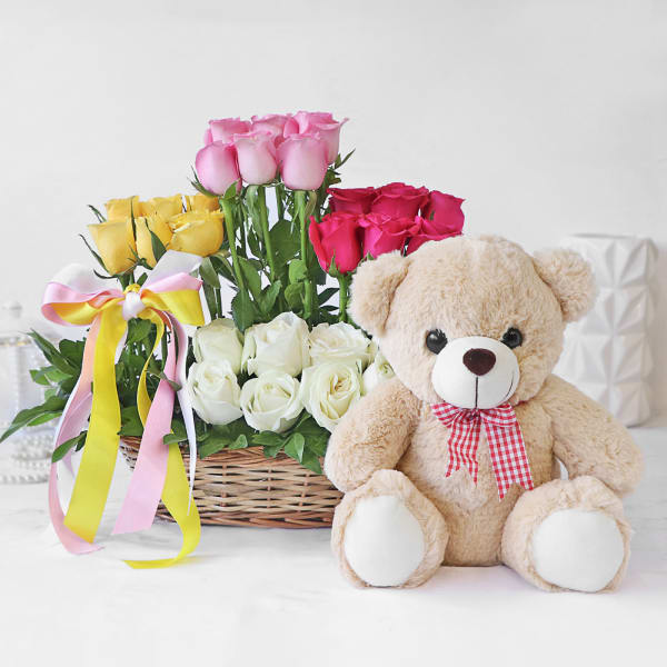 Mixed Roses in Basket Arrangement with Teddy