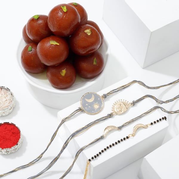 Moon And Sun Rakhis Set Of 4 And Gulab Jamun Combo