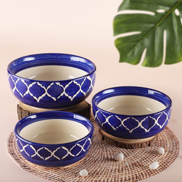Moroccan Blue Ceramic Serving Bowls- Set of 3