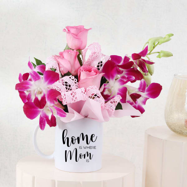 Mother's Day Roses And Orchid Mug Of Blooms