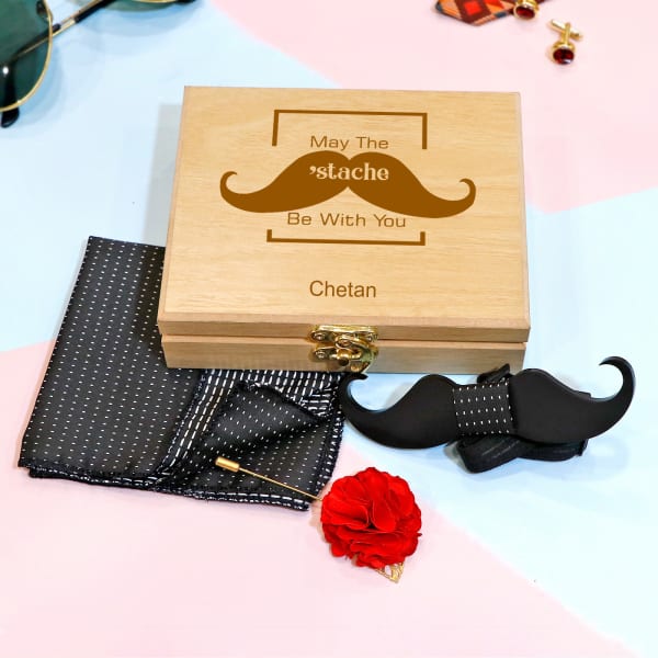 Moustache Bow Tie & Pocket Square in Personalized Wooden Box