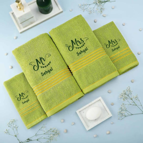 Mr and Mrs Personalized Lime Green Towels Set of 4