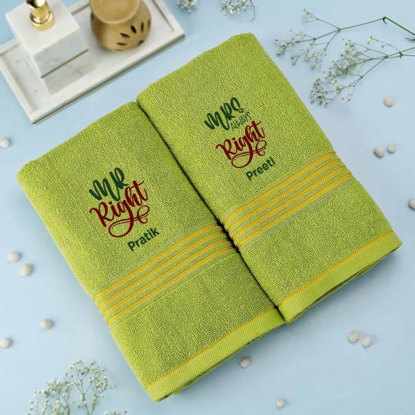 Mr and Mrs Right Lime Green Personalized Towels