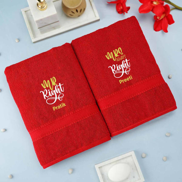 Mr and Mrs Right Poppy Red Personalized Towels
