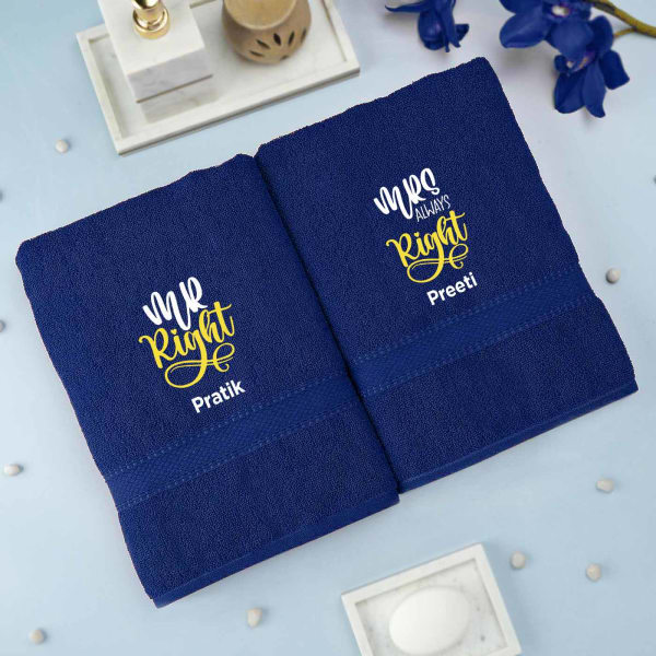 Mr and Mrs Right Poppy Royal Blue Personalized Towels