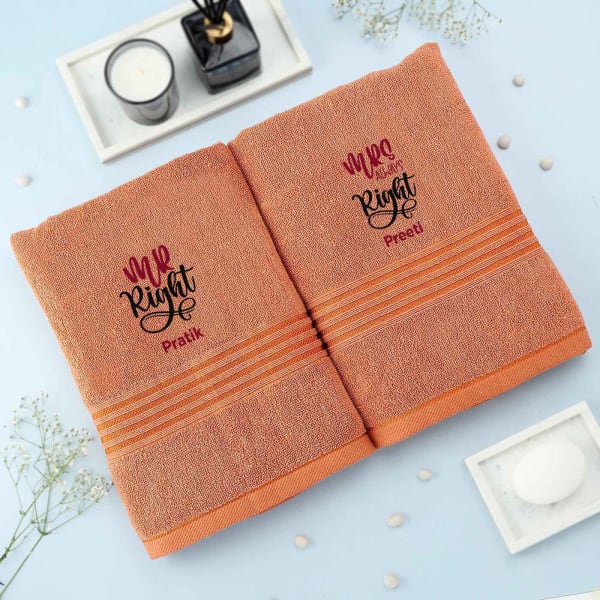 Mr and Mrs Right Terracotta Personalized Towels