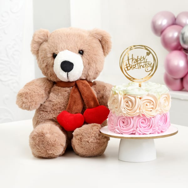 Muffler Teddy And Ombre Rose Cake Birthday Surprise