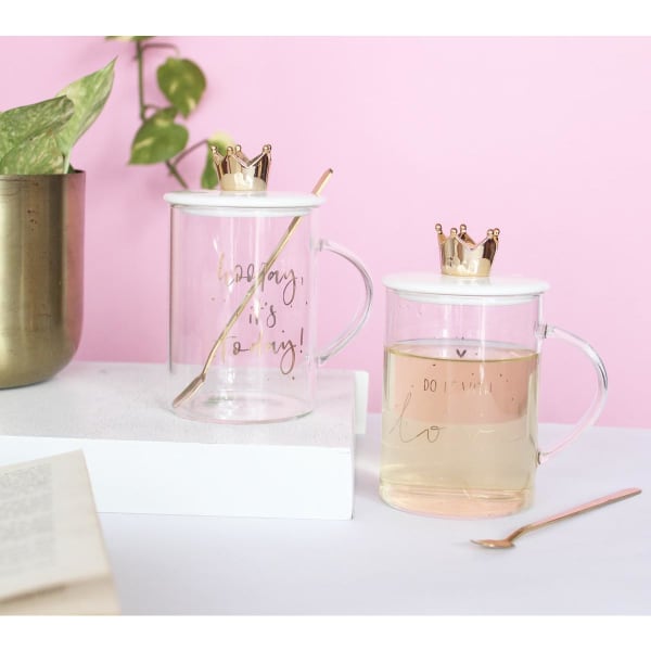 Mug With Lid And Spoon - Transparent - Crown - Single Piece