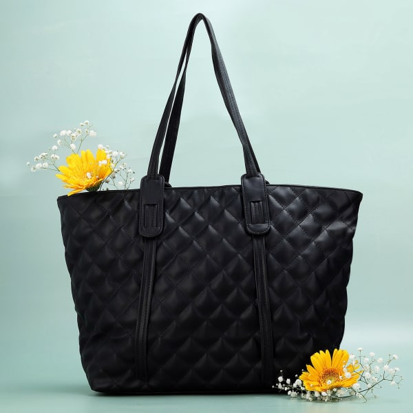 Multi compartment Black Quilted Tote Bag