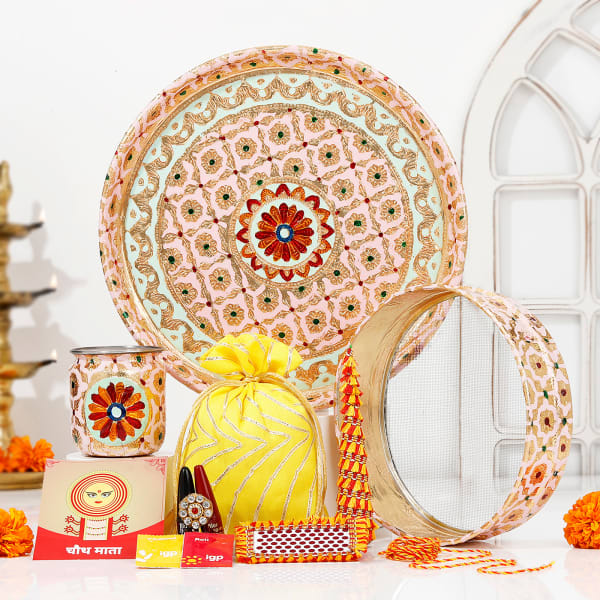 Multicoloured Embroidered Karwa Chauth Pooja Thali Set