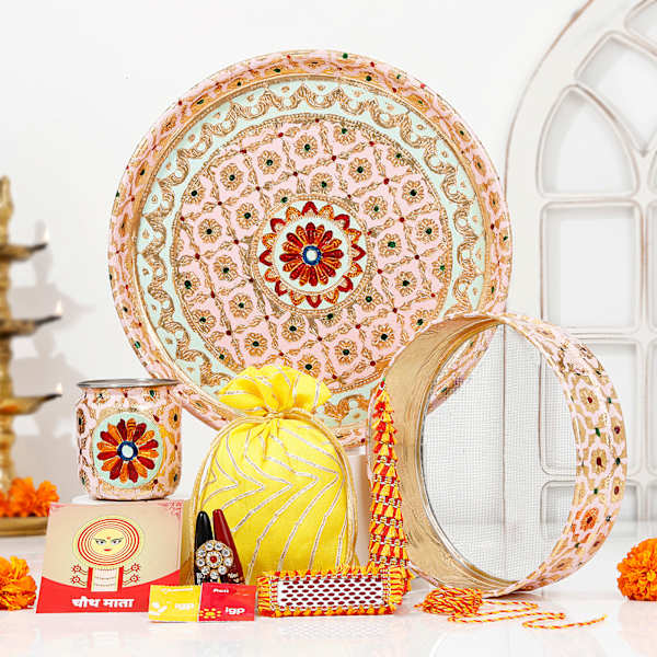 Multicoloured Embroidered Karwa Chauth Pooja Thali Set