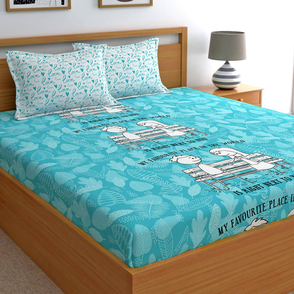 My Favourite Place Blue Cotton Bedsheet with Pillow Covers.
