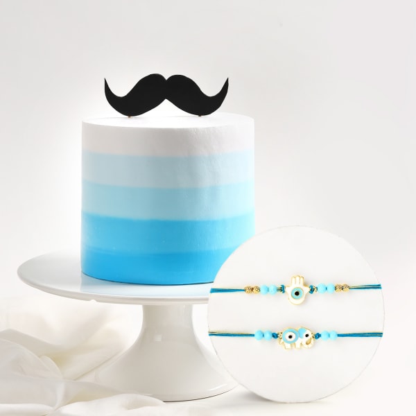 Mystic Evil Eye Rakhi Set Of 2 With Whimsical Moustache Cake