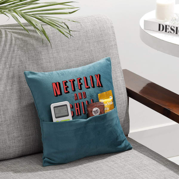 Netflix And Chill - Velvet Pocket Cushion - Personalized - Blue