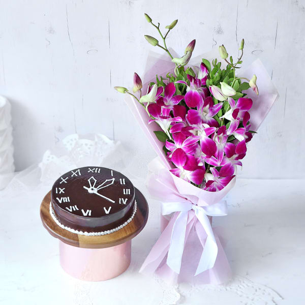 New Year Gift - Orchids with Half Kg Chocolate Cake