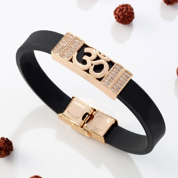 Om Symbol CZ Studded Men's Bracelet - Rose Gold