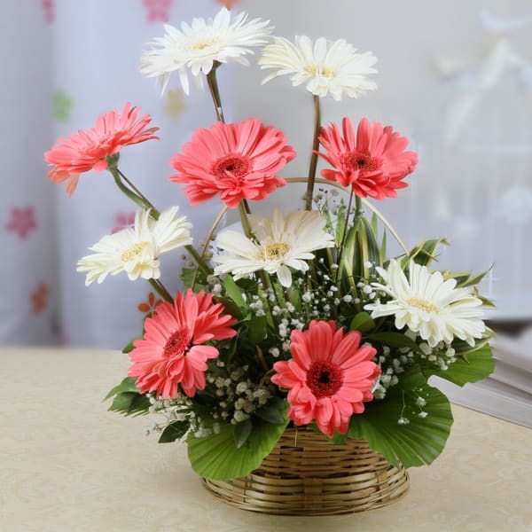 One Sided Basket of Assorted Pink & White Gerberas