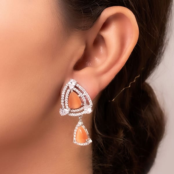 Orange Stone And CZ Drop Earrings