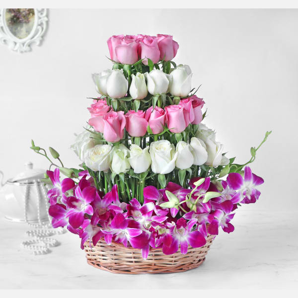 Orchids and Roses in Basket
