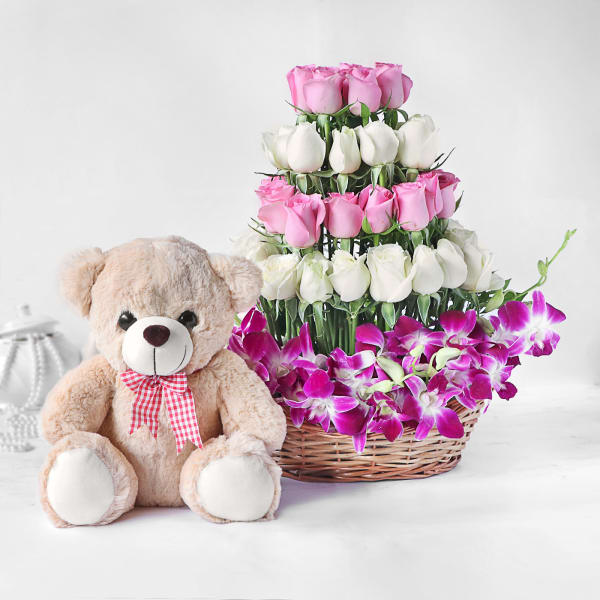 Orchids and Roses in Basket with Teddy Bear