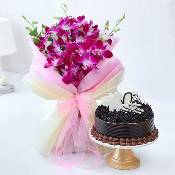 Orchids Bouquet With Chocolate Cake